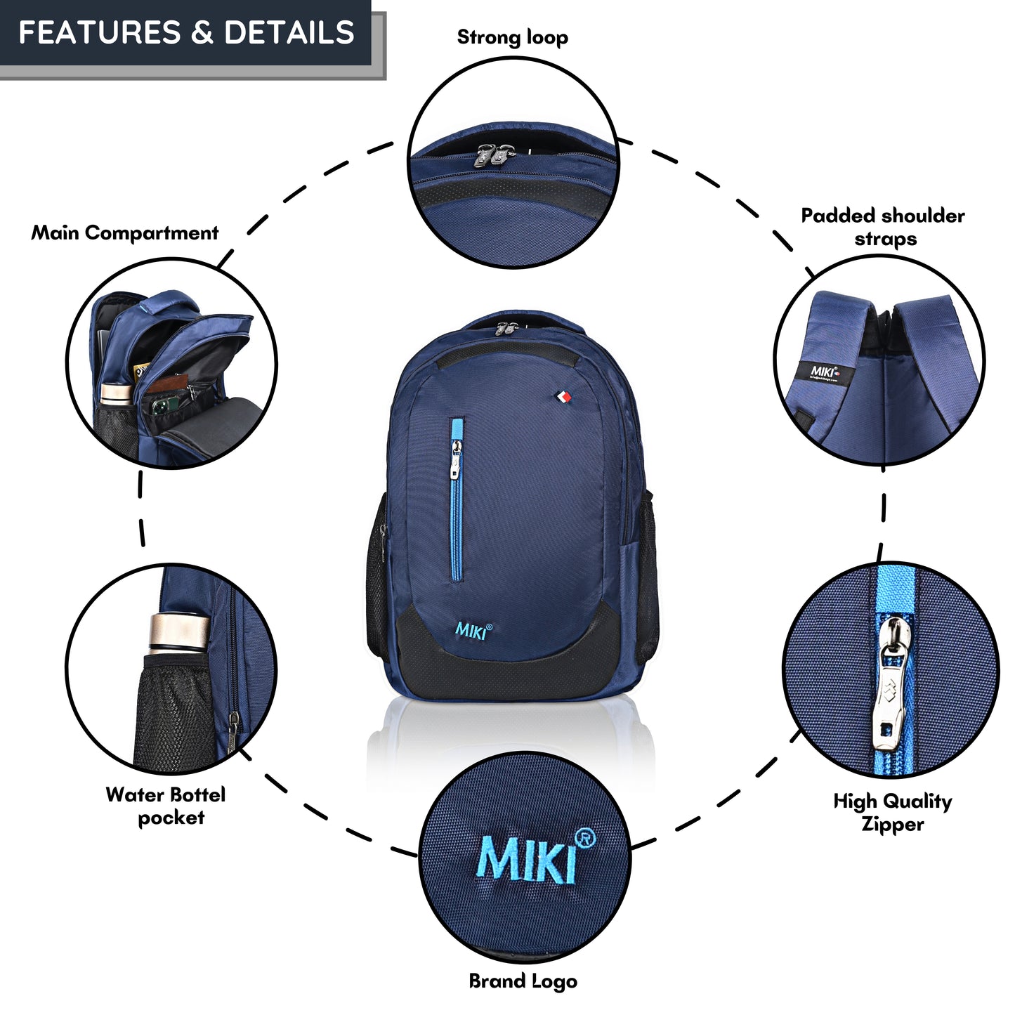 Miki Navy Blue Laptop Backpack for Men & Women | Water-Resistant & Lightweight | Office, College & Travel Bag