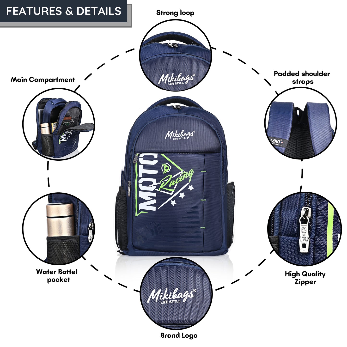 Miki Moto Racing Theme School & College Backpack – Stylish, Durable & Comfortable