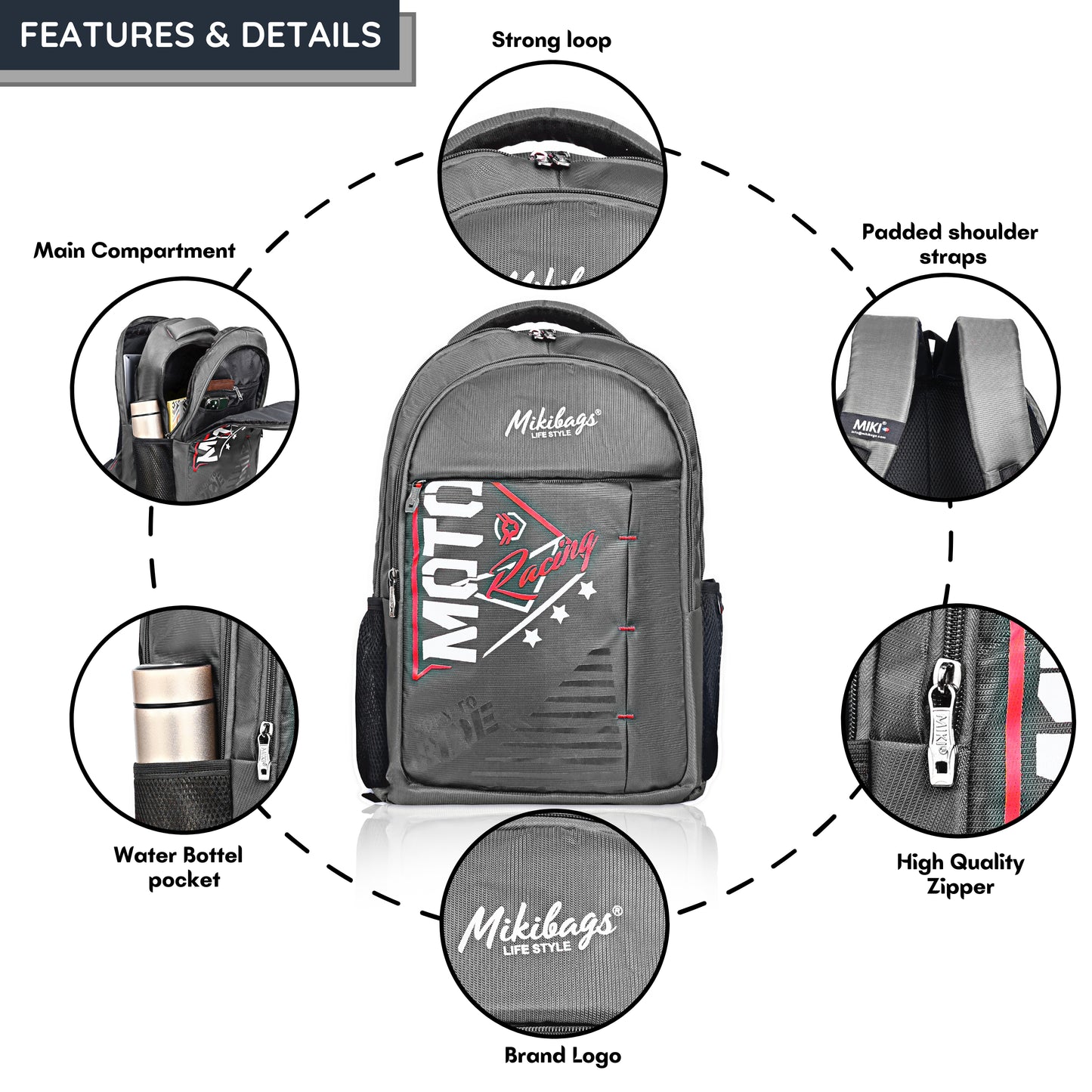 Miki Moto Racing Theme School & College Backpack – Stylish, Durable & Comfortable